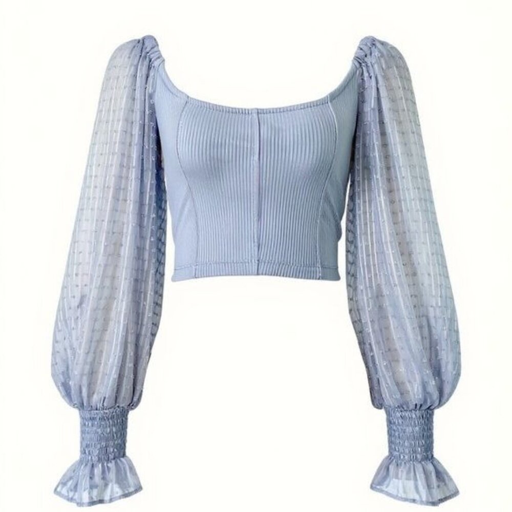 Urban Outfitters Cynthia Pastel Blue Ribbed Puff Sleeve Bodycon Crop Top